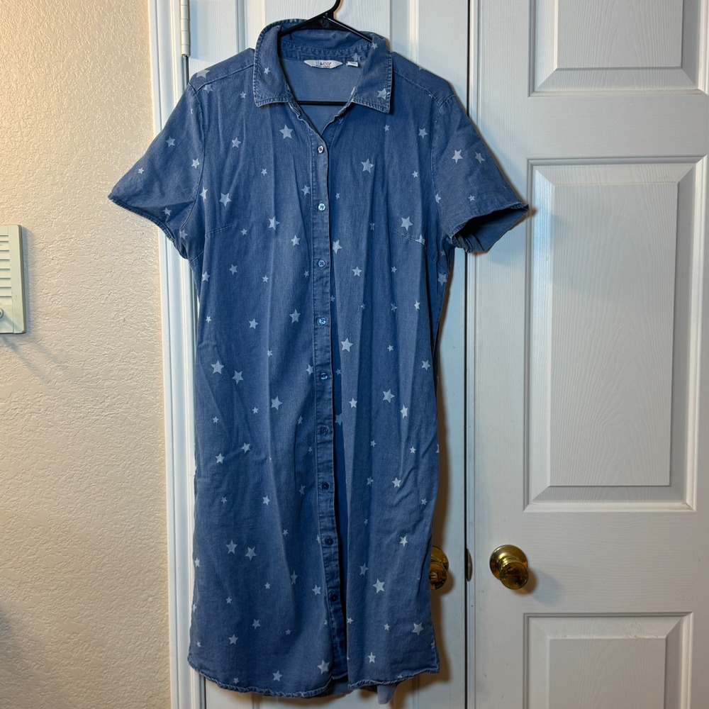 Womens Denim Co Blue Chambray Button Up Shirt Dress Midi Stars USA Casual Size L